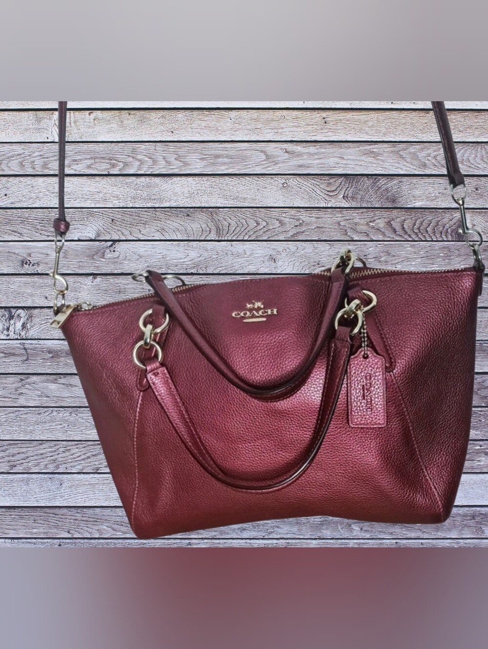 Coach Metallic Pebble Leather Small Kelsey Satchel Antique Blush(Cranberry)